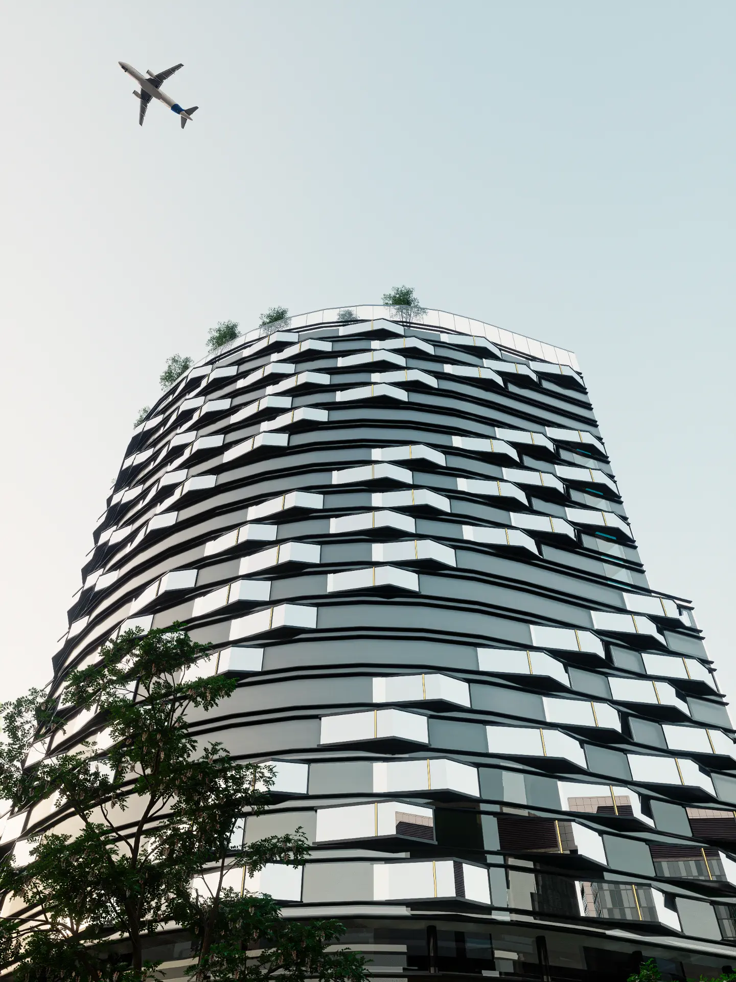 Render arquitectónico en contrapicado de una torre contemporánea de balcones escalonados de AC Arquitectos