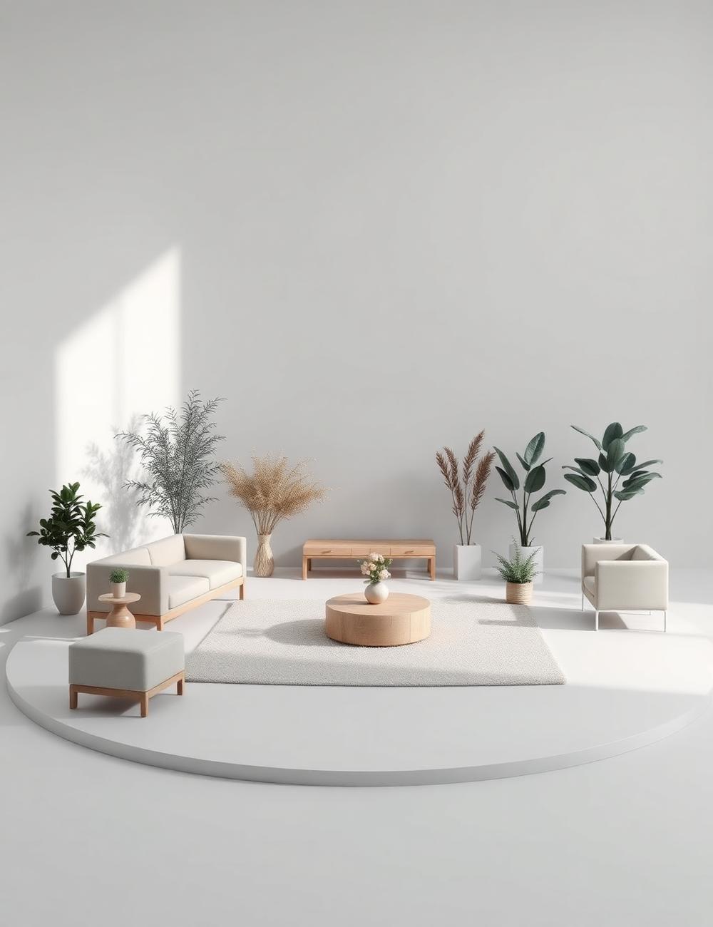 Colección de modelos 3D de mobiliario y vegetación sobre fondo de estudio